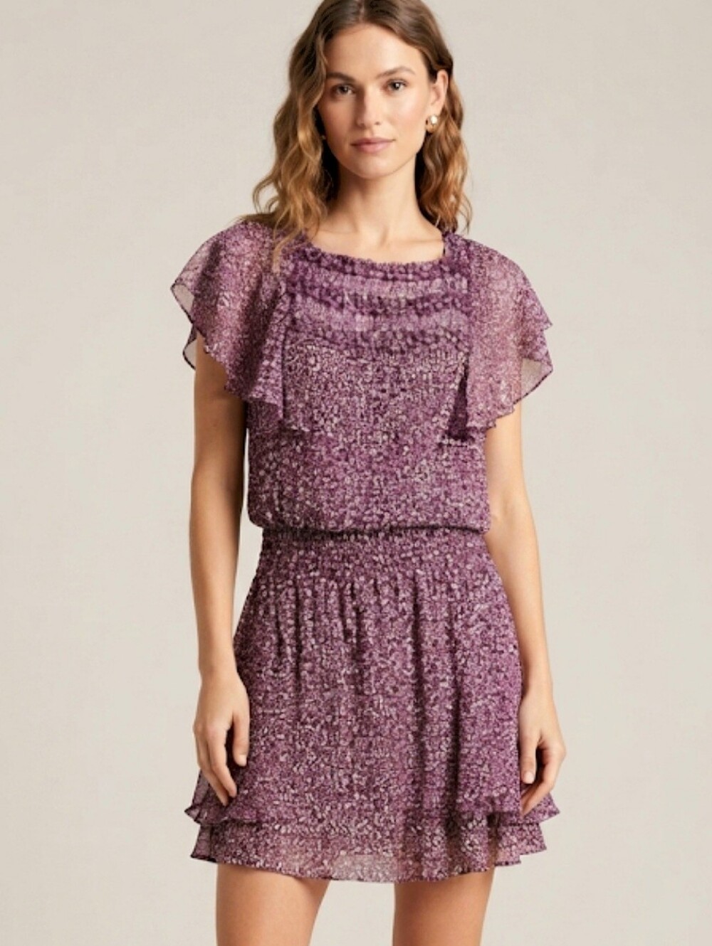 Parker Ruffle Silk Mini Dress in Funfetti Purple  Size Small